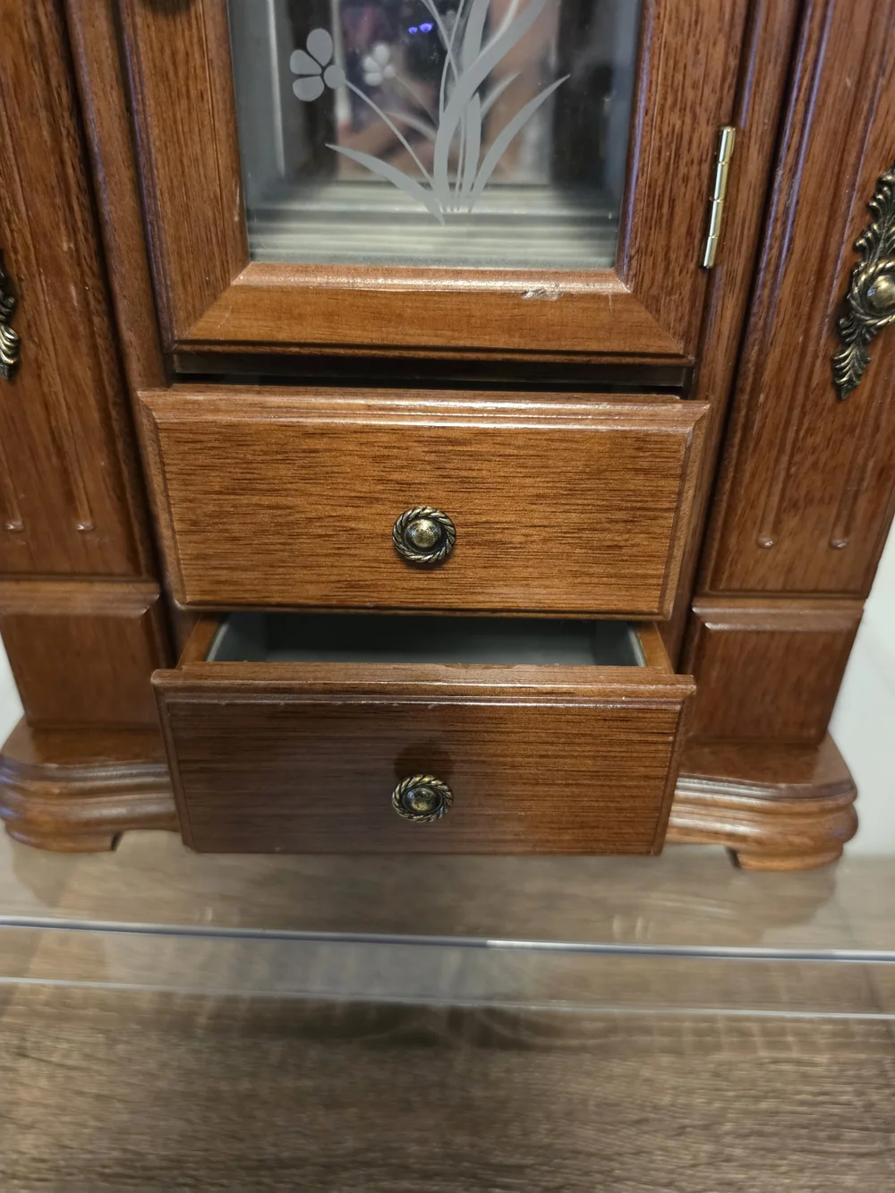 Vintage Wooden Jewelry Box Armoire Flower Glass 12